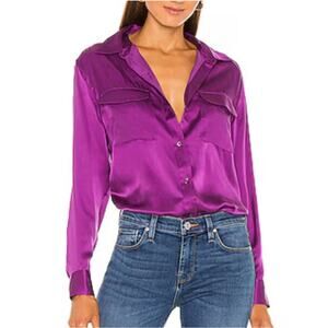 Equipment Femme Purple Signature Long Sleeve Button Up Silk Blouse in Dahlia XS